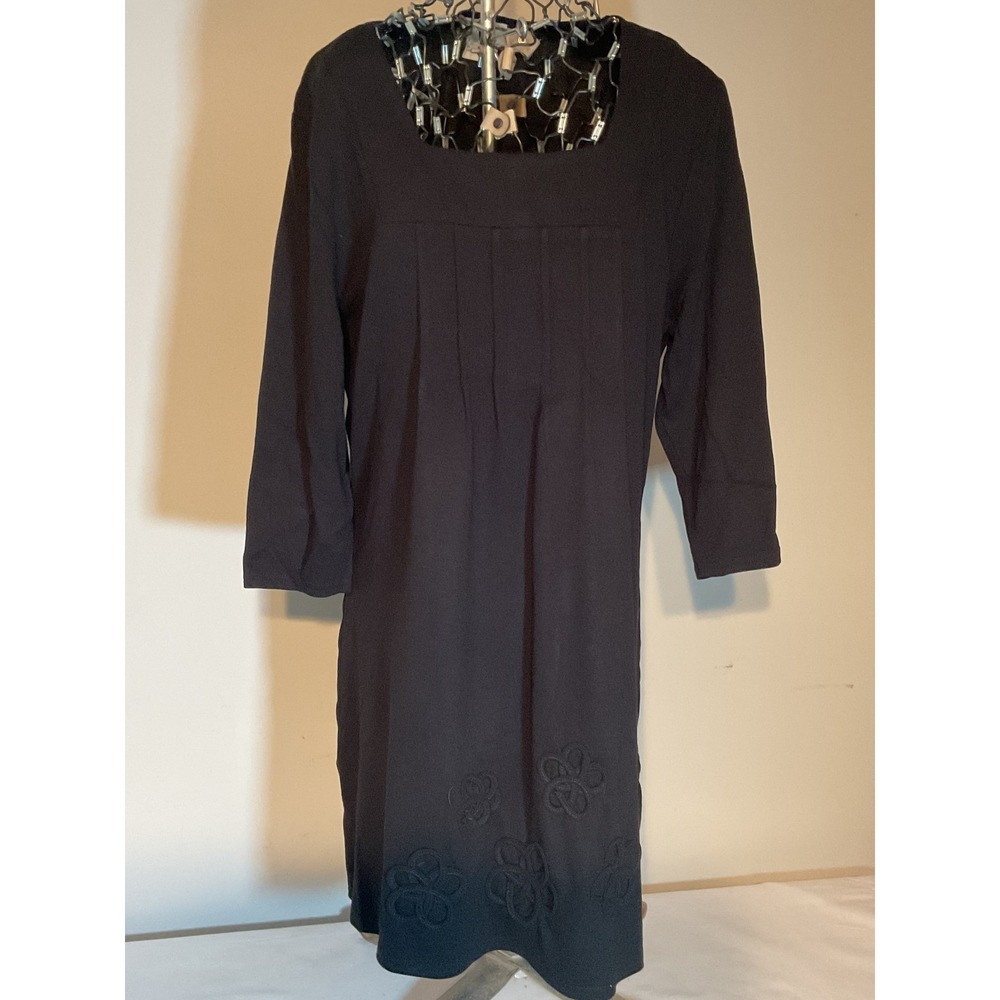 Adore Black Knit Tunic Dress XL Square  Pleated Floral Cord Embroidery 3/4 Slv